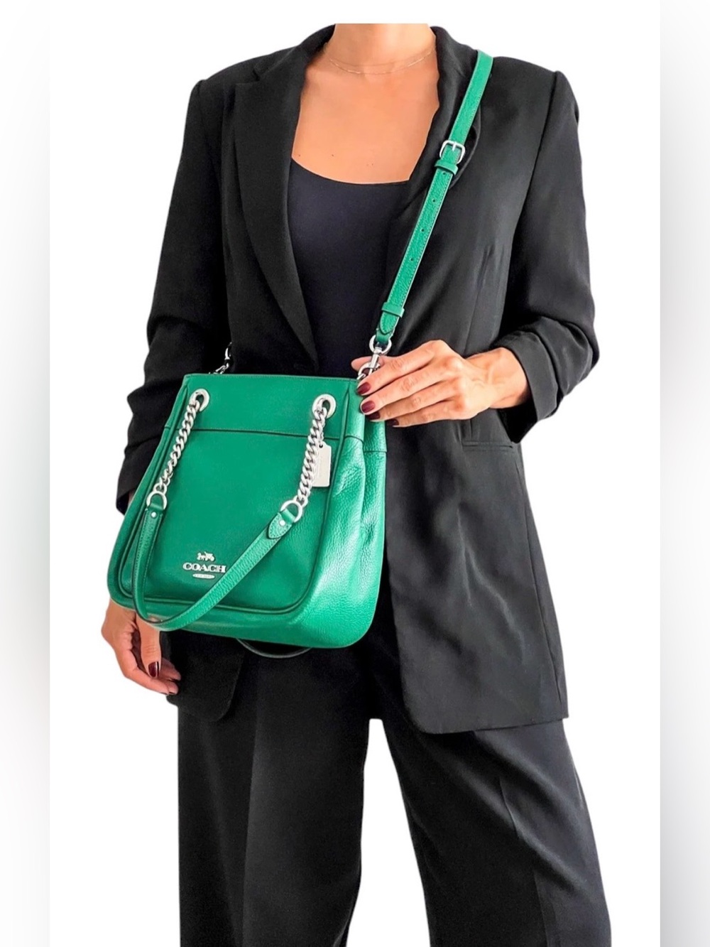 Coach Emerald Green Pebbled Leather Chain-Handle Shoulder Bag